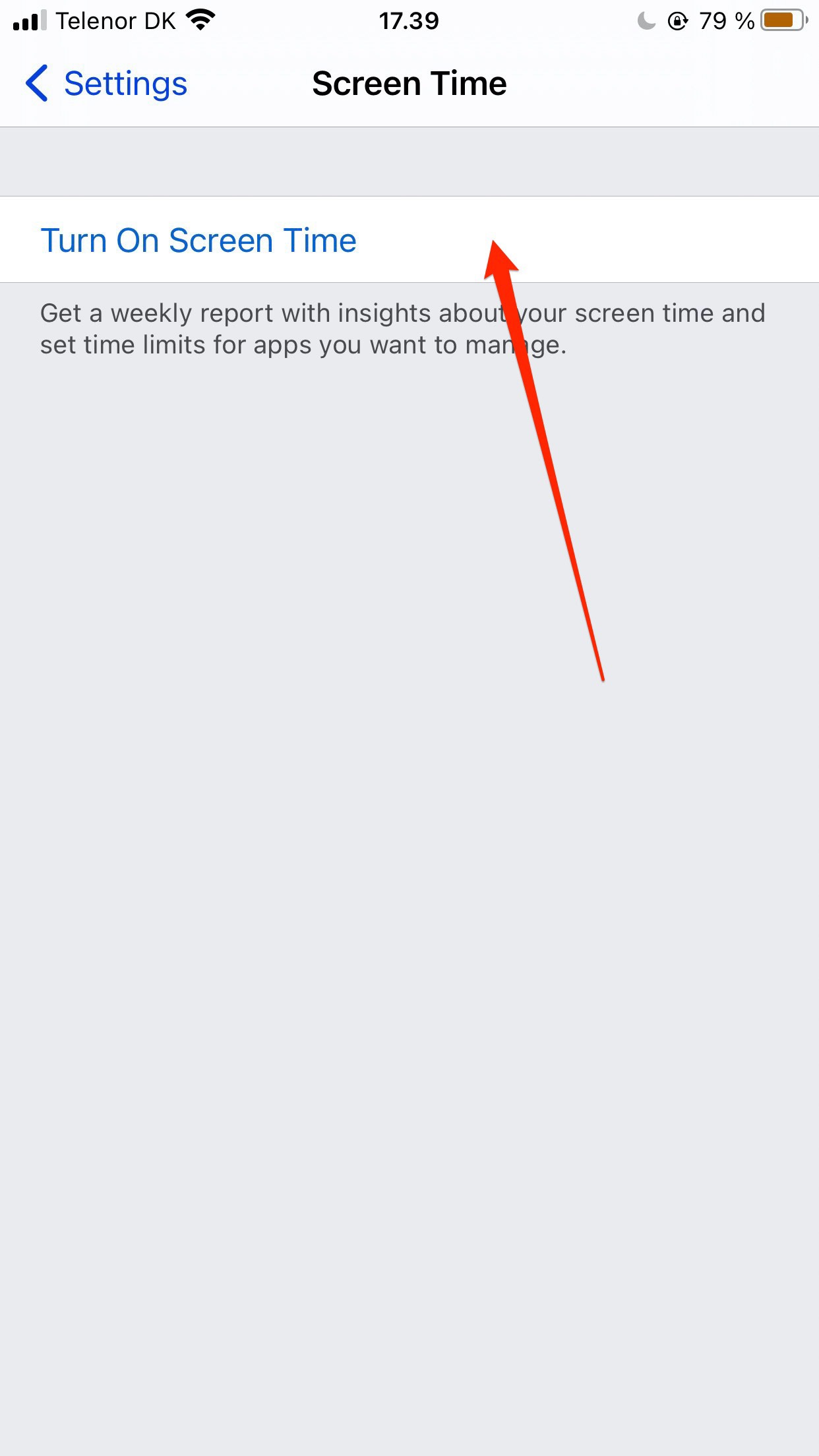 Captura de pantalla en la aplicación de tiempo de pantalla del iPhone pidiendo al usuario que la vuelva a encender