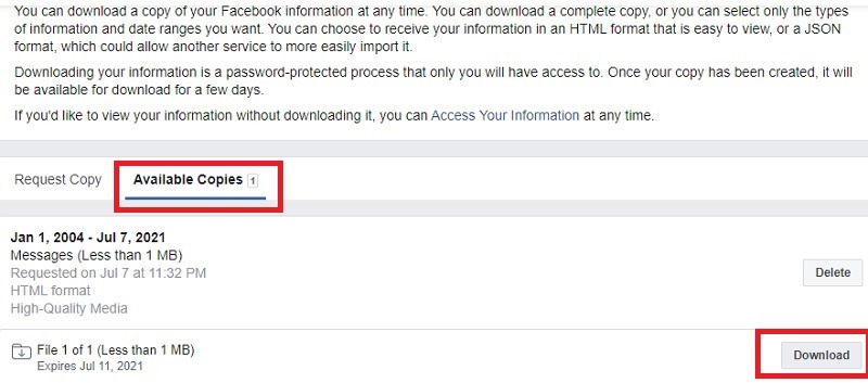 Cómo descargar su historial de chat de Facebook para mantener la descarga de información de Facebook de forma segura