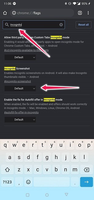 Tomar capturas de pantalla en modo incógnito Android Chrome Activar bandera