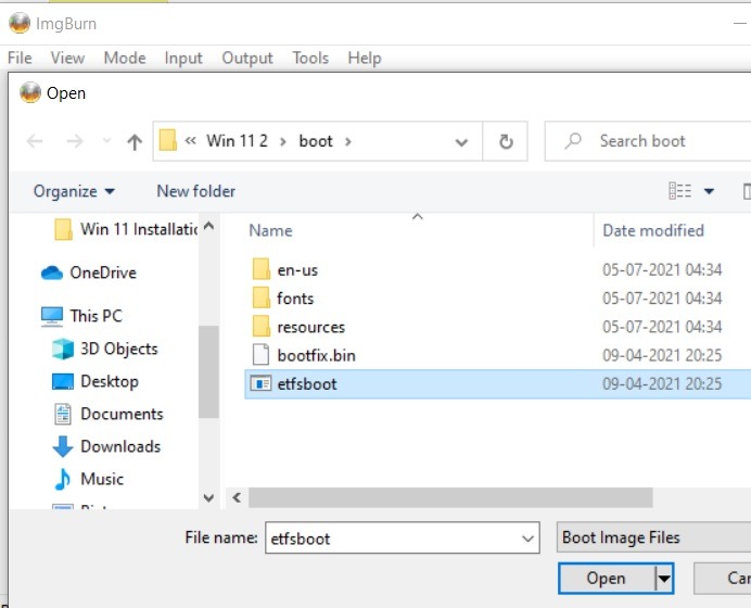 Instalación filtrada de Windows11 Imgburn Etfsboot