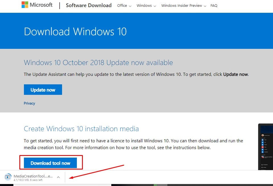 Descargue la herramienta de creación de medios de actualización de Windows 10 de octubre de 2018