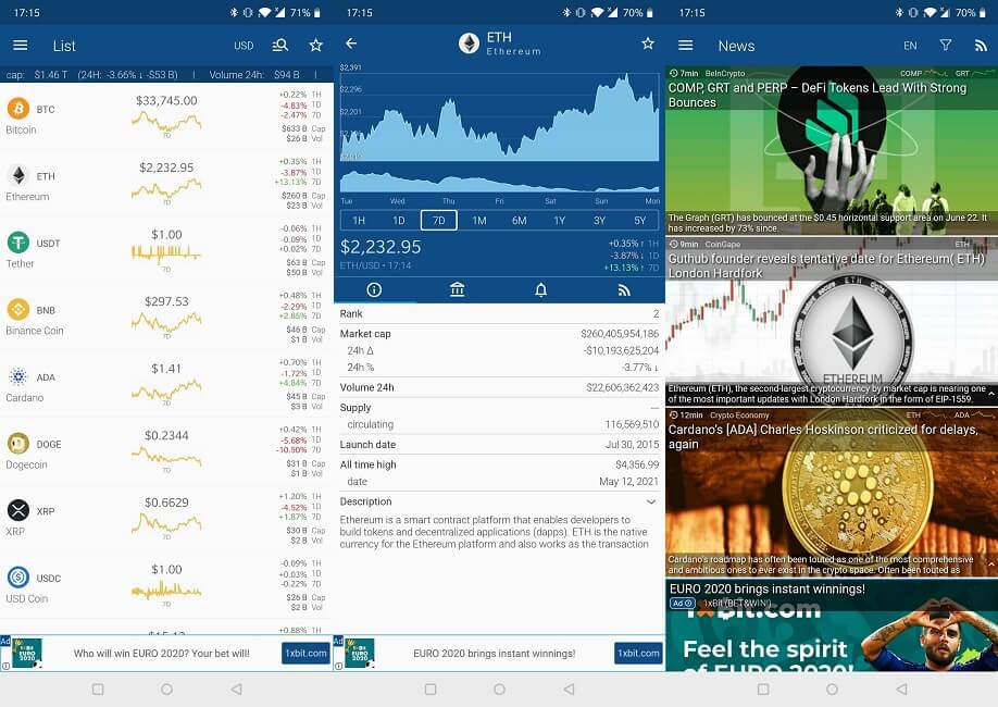 Las aplicaciones de Android rastrean los precios de las criptomonedas de Bitcoin Cryptoapp