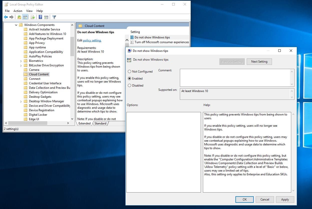 Deshabilite la ventana emergente de sugerencias de Windows usando la política de grupo