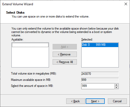 Expandir el Asistente para extender el volumen de almacenamiento de Windows
