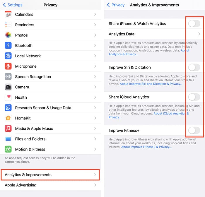 Configuración de privacidad de iOS Compartir datos analíticos