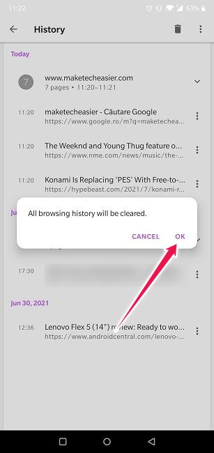 Limpiar el historial de navegación web Android Opera Confirmar Eliminar historial