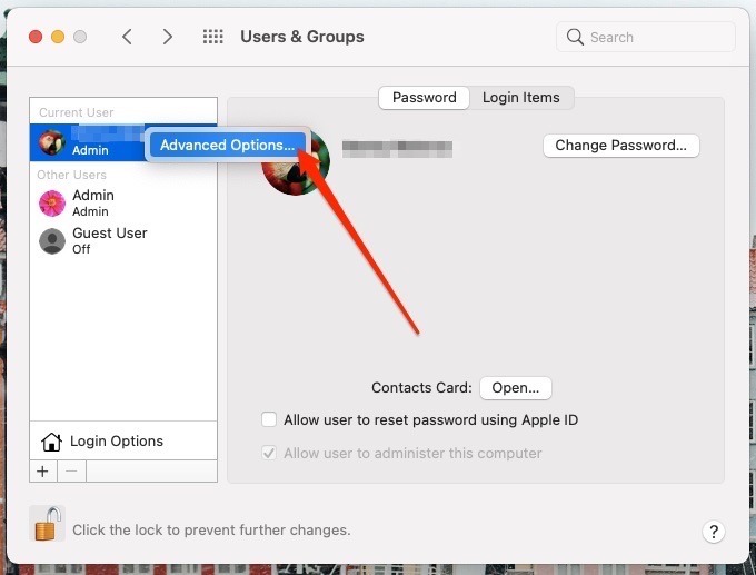 Captura de pantalla que muestra cómo acceder a Opciones avanzadas en Mac