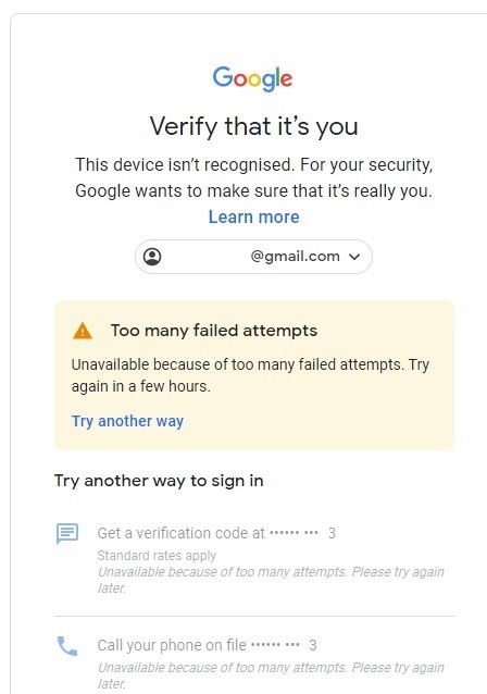 Pantalla de error de demasiados intentos de Gmail