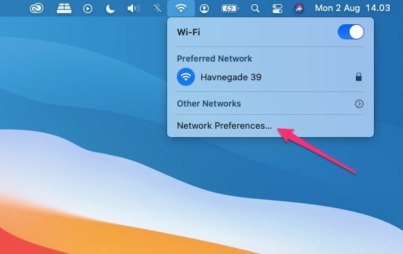 Captura de pantalla que muestra dónde elegir las preferencias de red Wi-Fi en Mac