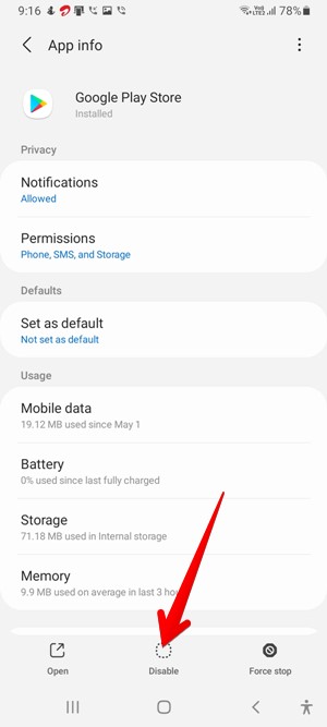 Aplicación de desactivación de Google Play Store