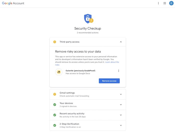 Comprobación de los consejos de seguridad de la cuenta de Gmail