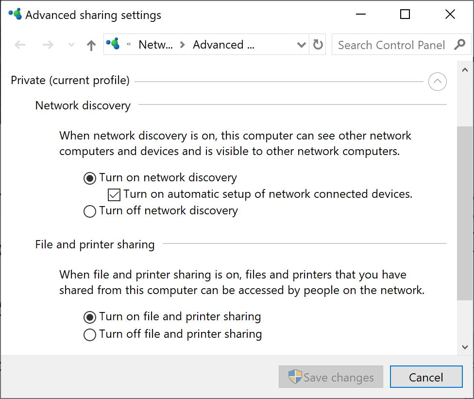 Windows habilita el uso compartido de red