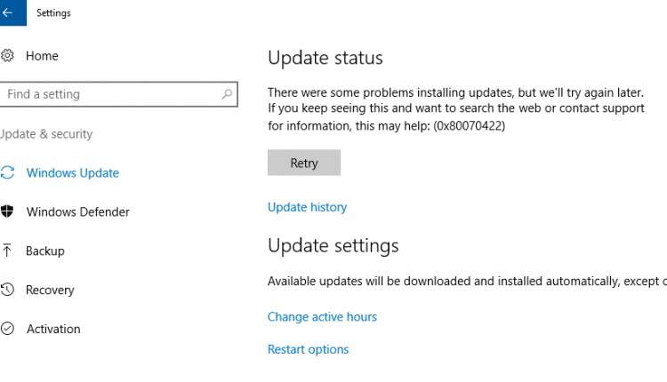 windows  10 error de actualización 0x80070422