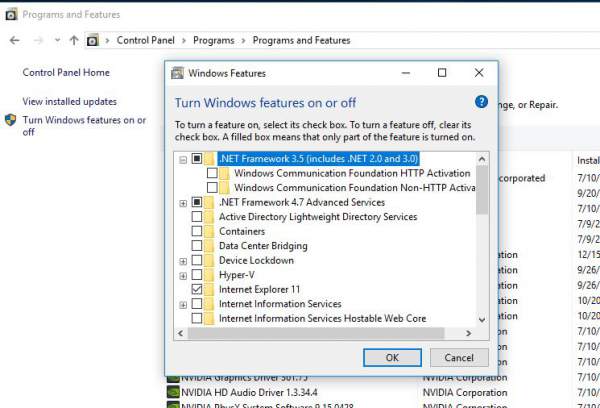 Instale .NET Framework 3.5 en las características de Windows