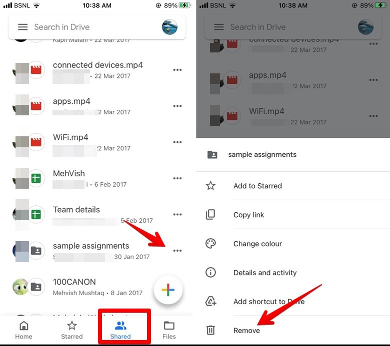 Eliminación de archivos compartidos de Google Drive para dispositivos móviles