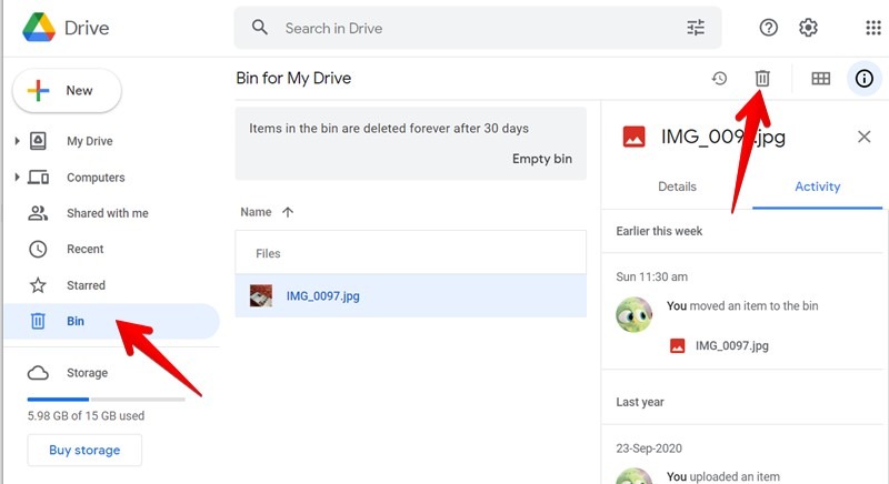 Google Drive Eliminar archivo de la papelera