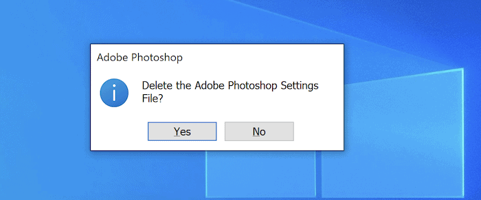 Cuadro de diálogo de Photoshop para eliminar preferencias.