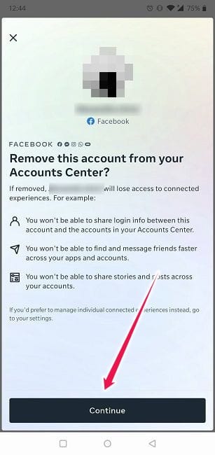 Cómo vincular o desvincular Instagram Facebook Mobile Continuar eliminación