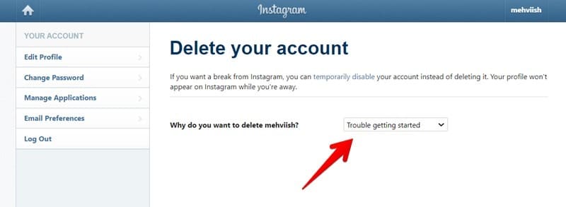 Motivo de eliminación de cuenta de Instagram