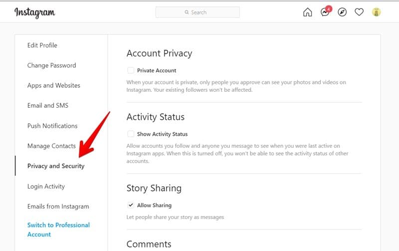 Pc de privacidad y seguridad de la cuenta de Instagram