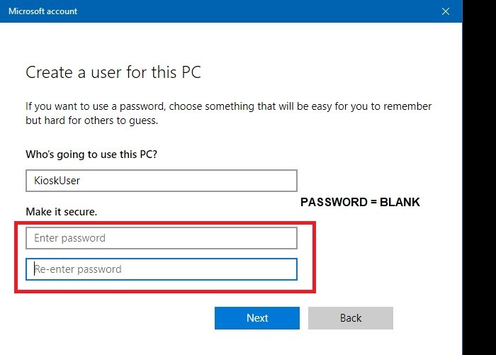 Quiosco de Windows Agregar usuario Crear contraseña de usuario de PC