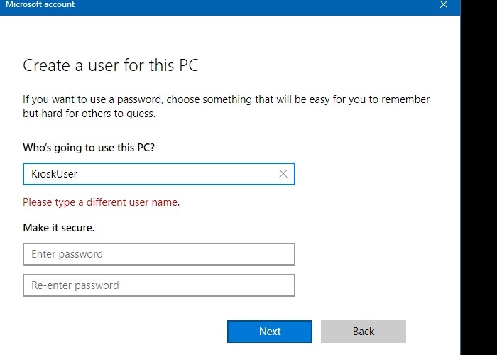Kiosco de Windows Agregar usuario Crear error de contraseña de usuario de PC