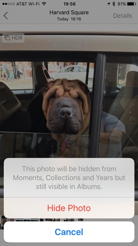 Use la acción 'Ocultar' en la aplicación Fotos de iOS 10 + para ocultar sus fotos y videos de sus colecciones de fotos principales.