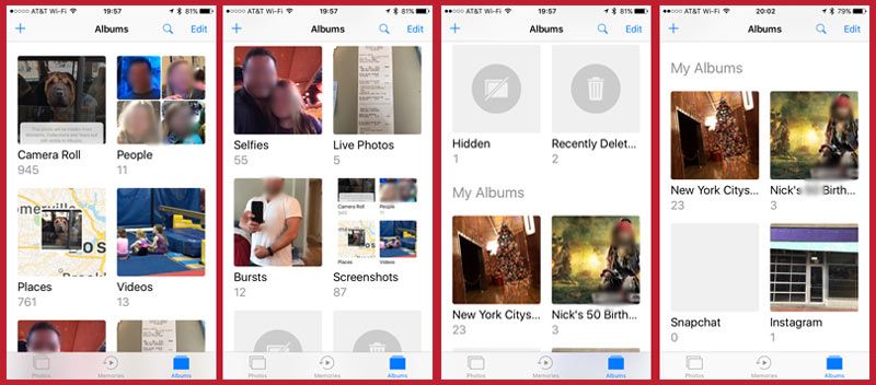 Organice automática y manualmente sus fotos y videos en álbumes en la aplicación Fotos de iOS 10+.
