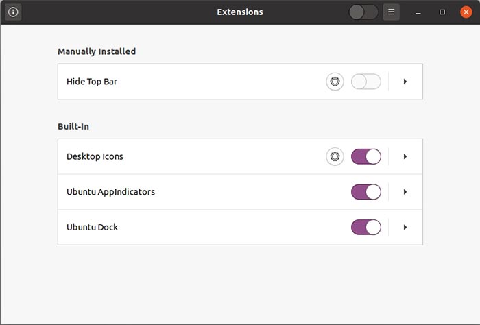 Opción de aplicación de extensiones para ocultar iconos de escritorio en Ubuntu