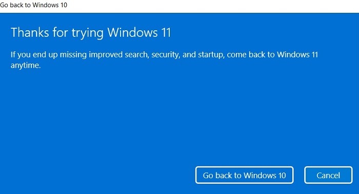 Windows11 Roll Back Gracias por probar Windows11