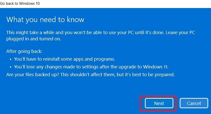 Windows11 Roll Back Advertencia final de Windows10