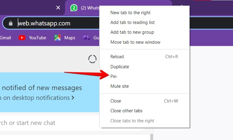 Para ahorrar espacio en la barra de pestañas, puede fijarle la pestaña Web de WhatsApp.  Eso lo hará siempre accesible.  Simplemente haga clic con el botón derecho en la pestaña Web de WhatsApp en Chrome y seleccione 