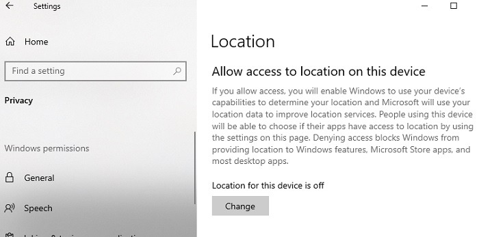 Comprender que su ubicación está actualmente en uso en la ubicación de Windows 10