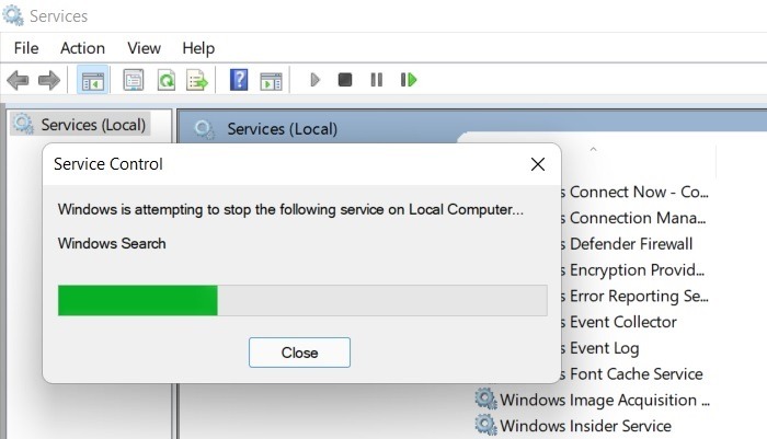Búsqueda atascada de Windows11 que intenta detener el servicio