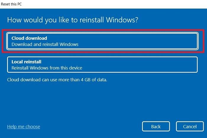 Windows11 Búsqueda atascada Restablecer Descarga en la nube