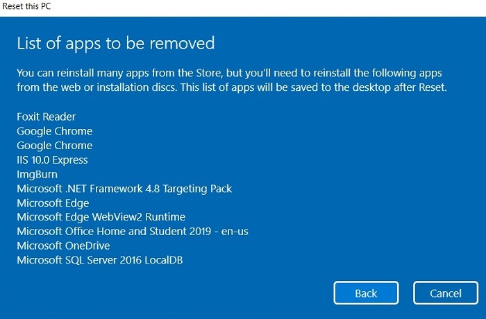 Windows11 Stuck Search Restablecer aplicaciones que se eliminarán