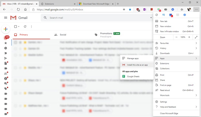 Crear la aplicación de escritorio de Gmail Microsoft Edge