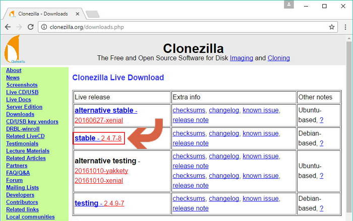 página de descarga de clonezilla