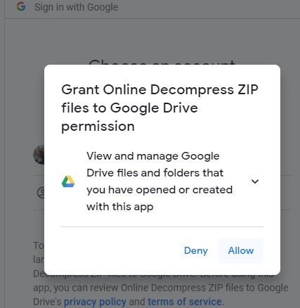 Otorgar permisos de descomprimir archivos zip en línea a Google Drive