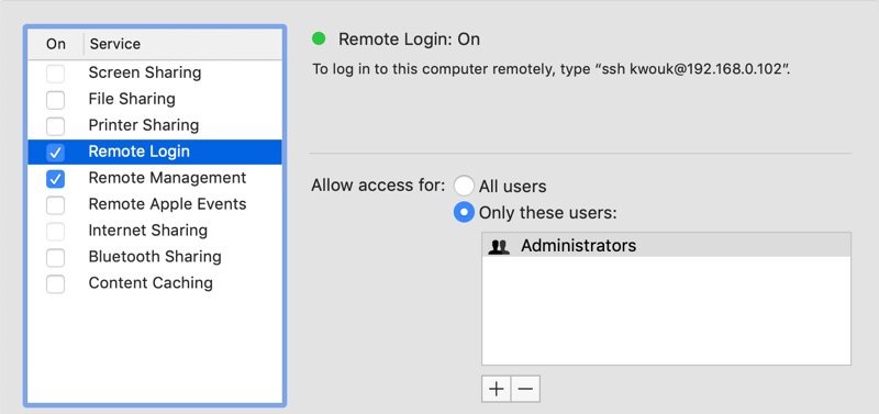 Configuración de SSH de computadora externa de Mac de acceso remoto