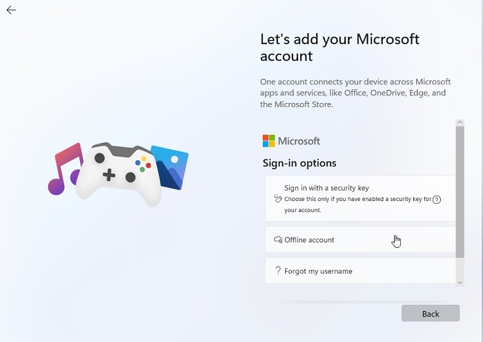 Win11 sin la opción de cuenta sin conexión de Microsofta