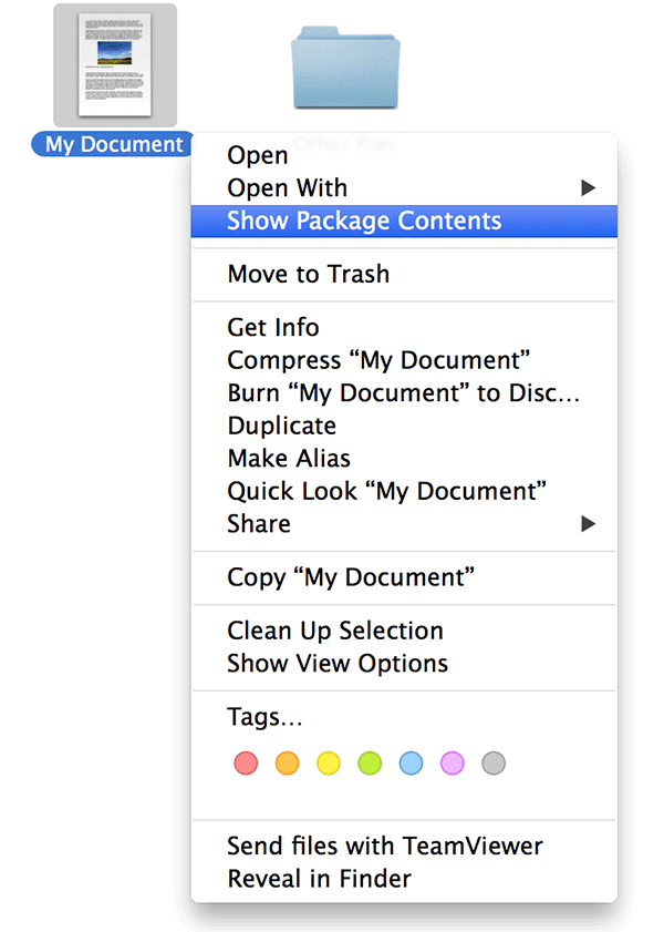 Haga clic con el botón derecho en el documento y seleccione 'Mostrar contenido del paquete'.