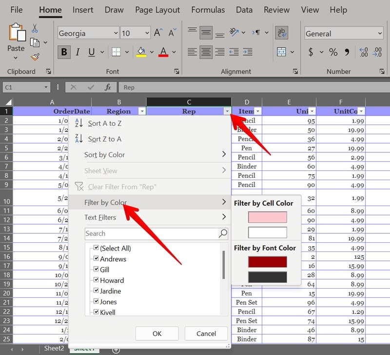 Valores duplicados de Excel Filtrar por color