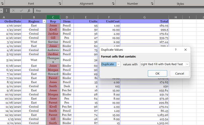 Valores duplicados de Excel Valores duplicados Color