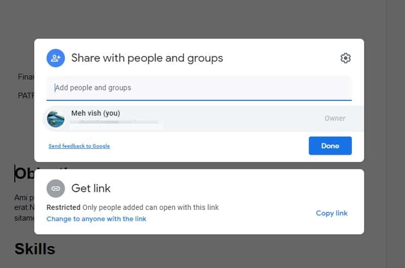 Documentos de Google reanudar compartir personas