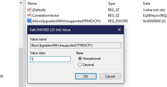 Instalación de Windows 11 en PC no compatibles Mosetup Dword Value