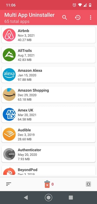 Aplicaciones de desinstalación por lotes Vista de lista de Android