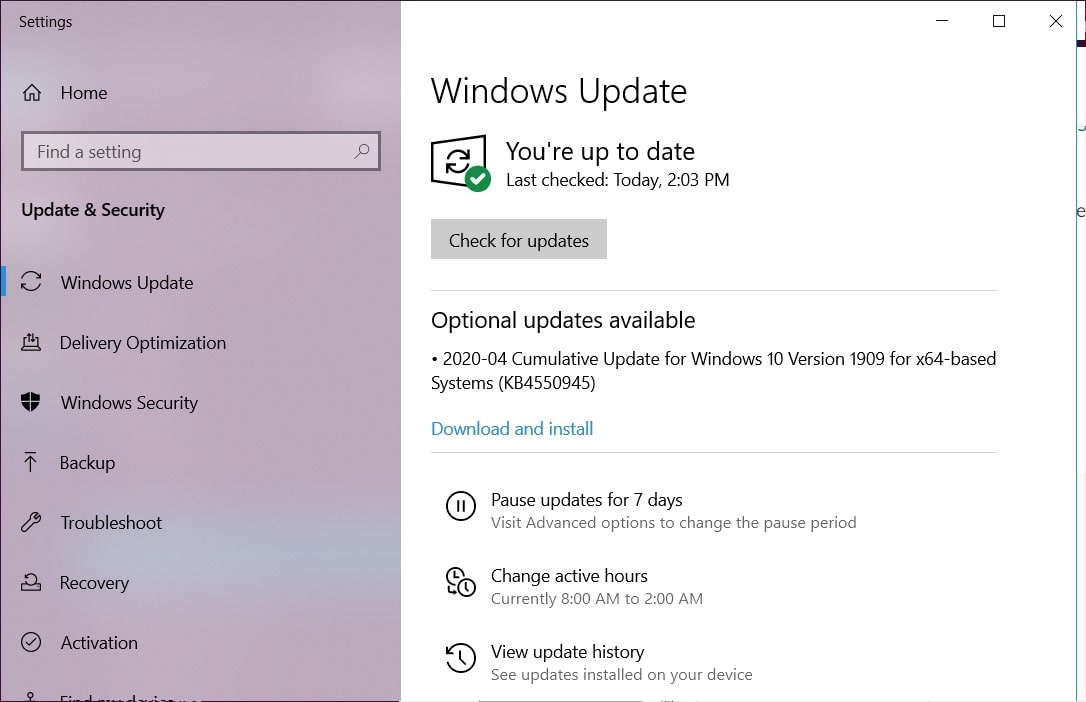 Actualización de Windows 10 KB4550945