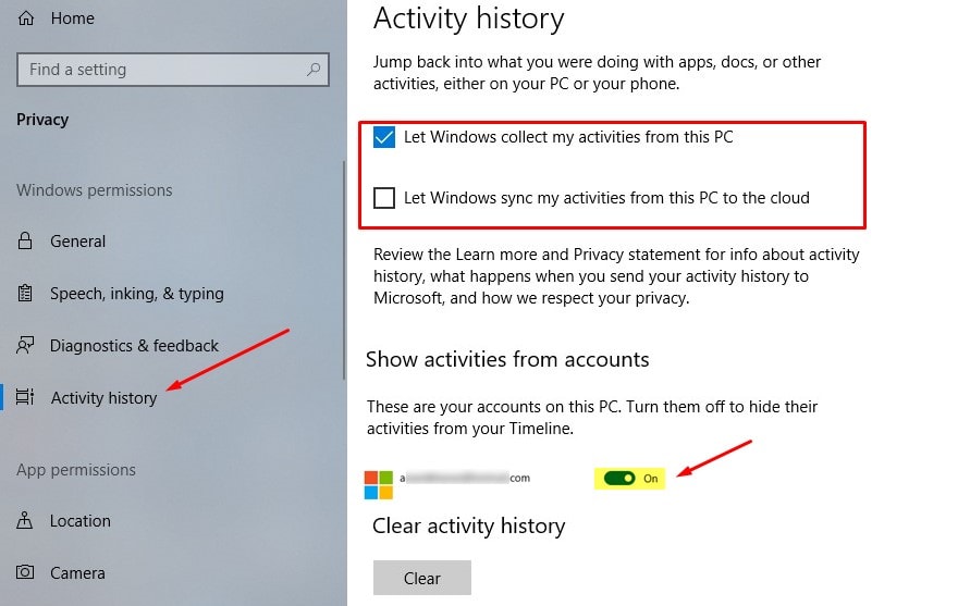 Activar la función de línea de tiempo de Windows 10