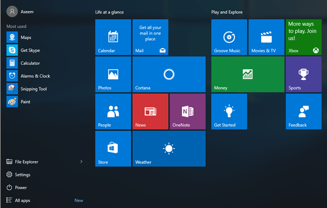 menu de inicio windows 10